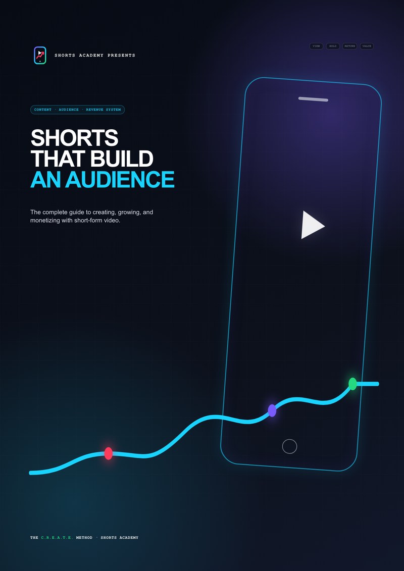 Front cover of Shorts That Build an Audience: a vertical video frame with a rising signal line on a night-blue background